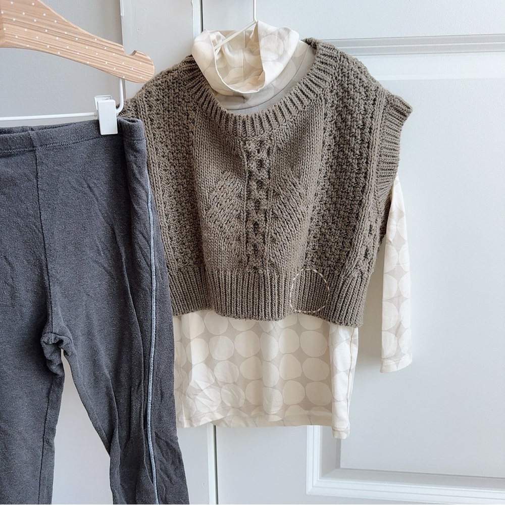 Brown Knit Vest with Cream Polka Dot Top and Gray Leggings